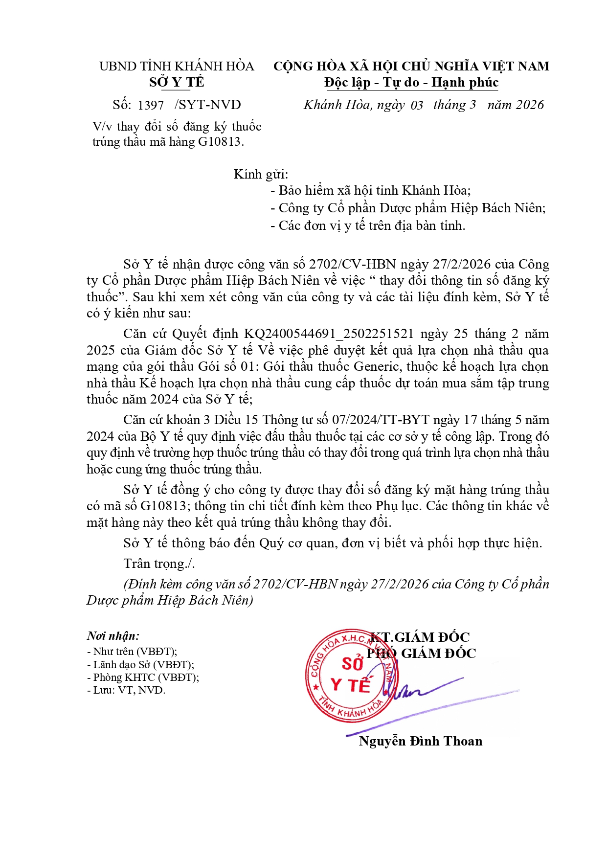 V/v thay đổi số đăng ký thuốc trúng thầu mã hàng G10813.